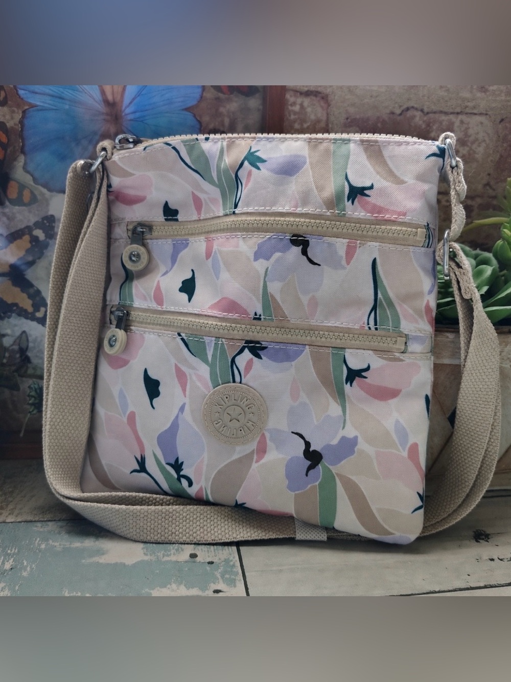 Kipling Women’s Pink Cream Floral Crossbody Bag Purse